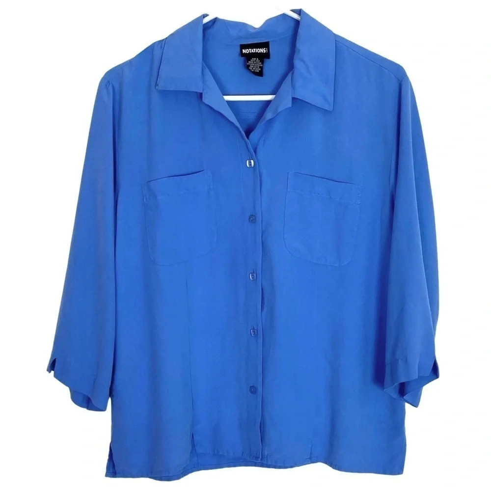 Vintage 90s 100% Silk Button Down Blouse Size Large Blue Half Sleeve Shirt Top